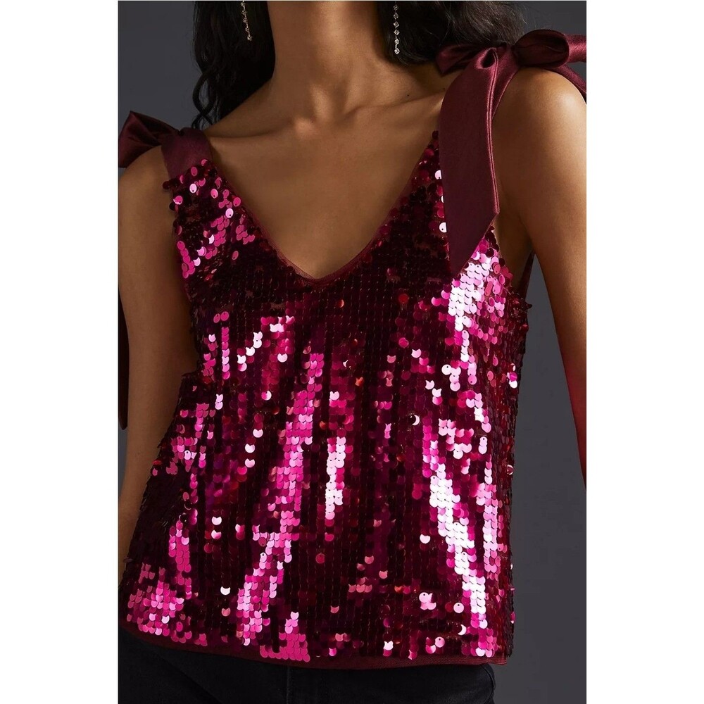 Anthropologie Women's Maeve Sequined Tie-Strap Tank Pink Size Xs